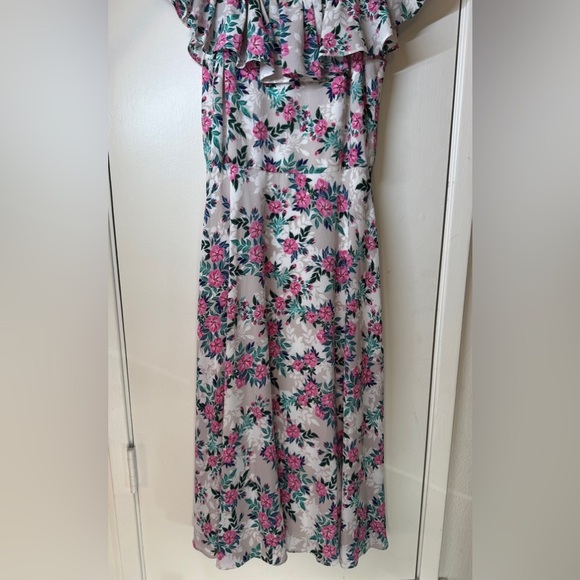 Betsey Johnson Off Shoulder Cream Pink Tropical Floral A Line Midi Dress Size 2 - Picture 6 of 13